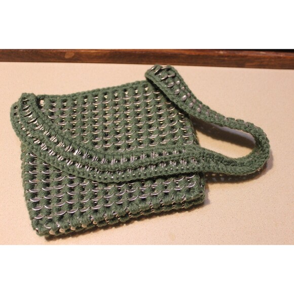 Olive Green Handmade Ladies / Teens Shoulder Bag Pop Tops & Crochet Pattern 7x8" - Picture 2 of 6